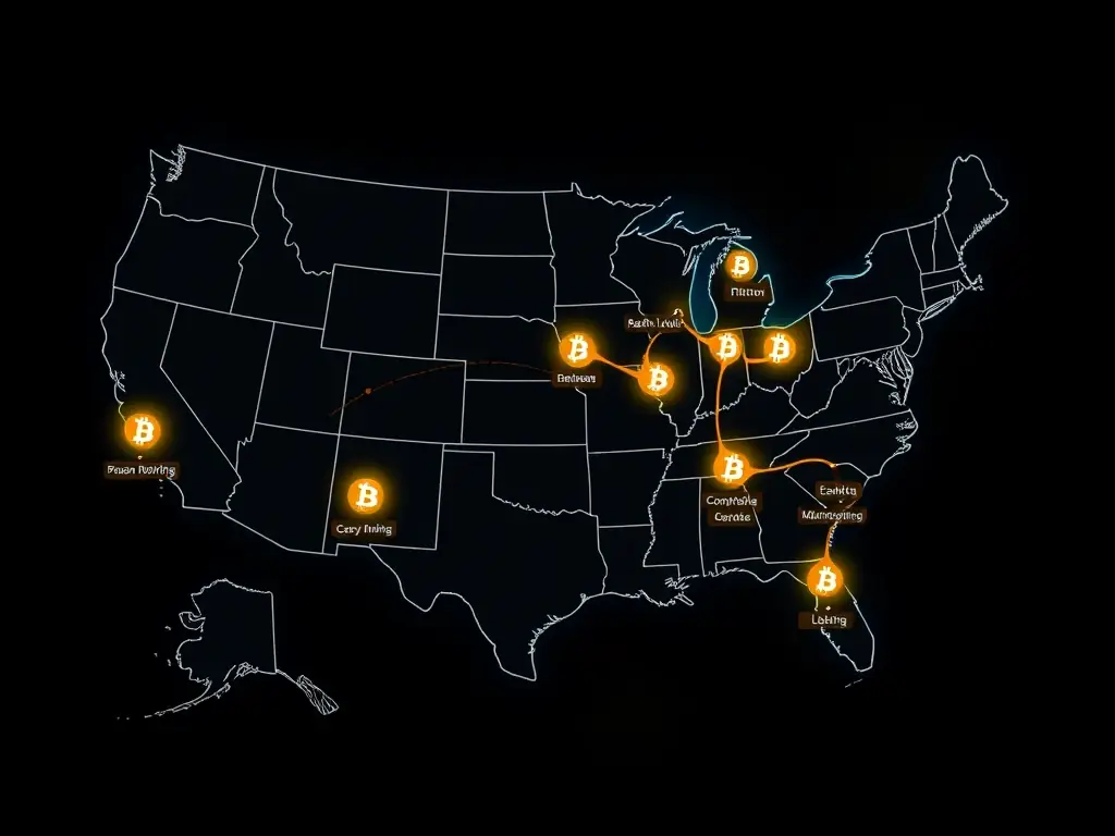 A map showing Bitcoin mining operations spread across multiple states, illustrating MinerOps' multi-site diversification strategy to mitigate risks.