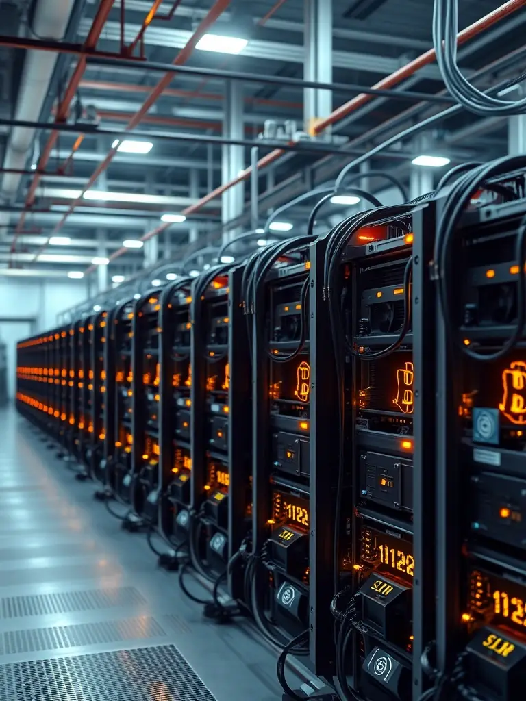 A professional photo of a Bitcoin mining farm with various ASIC miners running, showcasing the scale and technology involved in managed mining operations.