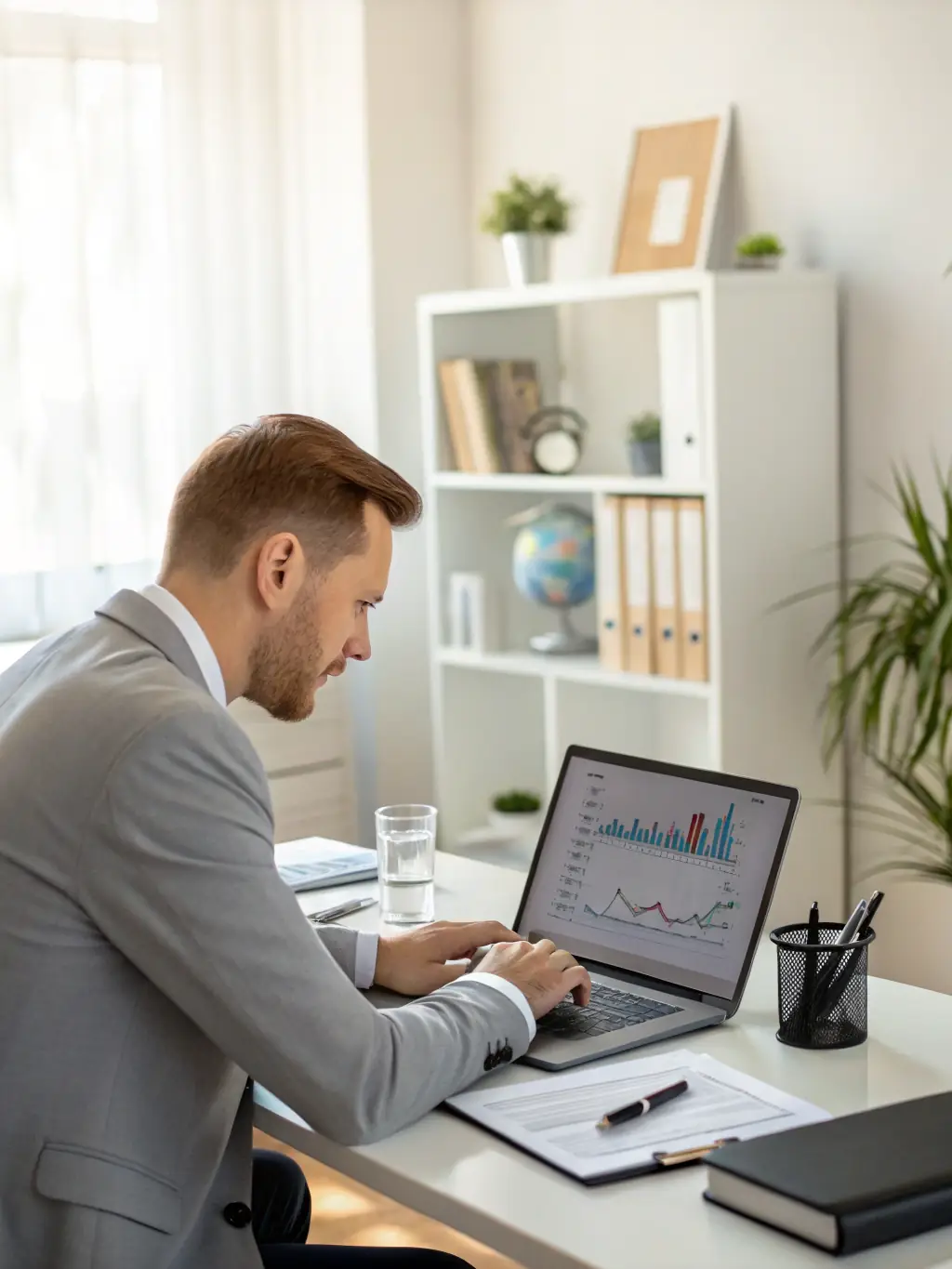 A close-up shot of a consultant reviewing a detailed mining strategy document with charts and graphs, emphasizing the personalized approach of the strategy session.