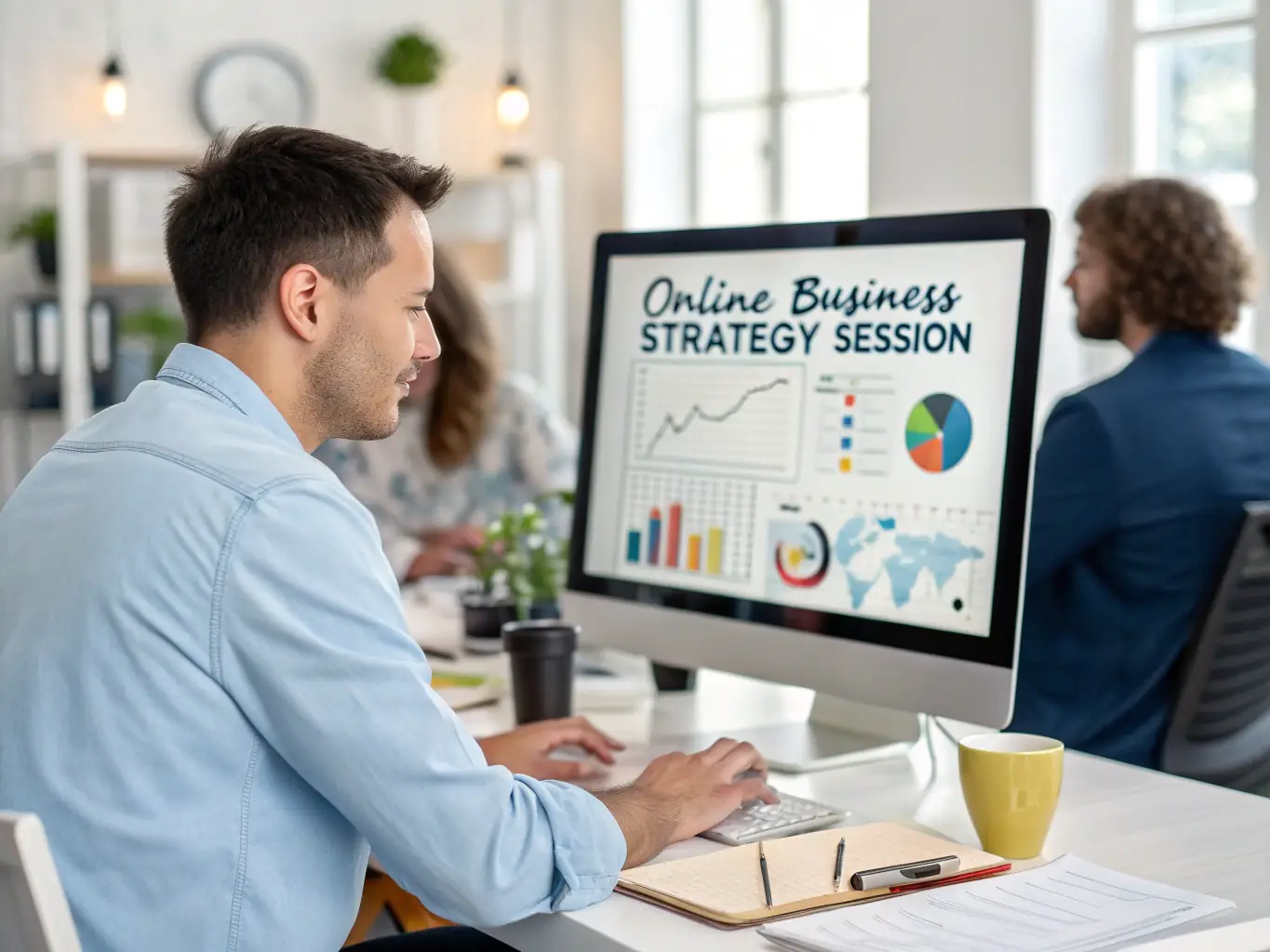 A split screen showing a businessman on a video call on one side and a digital rendering of a playbook on the other side.