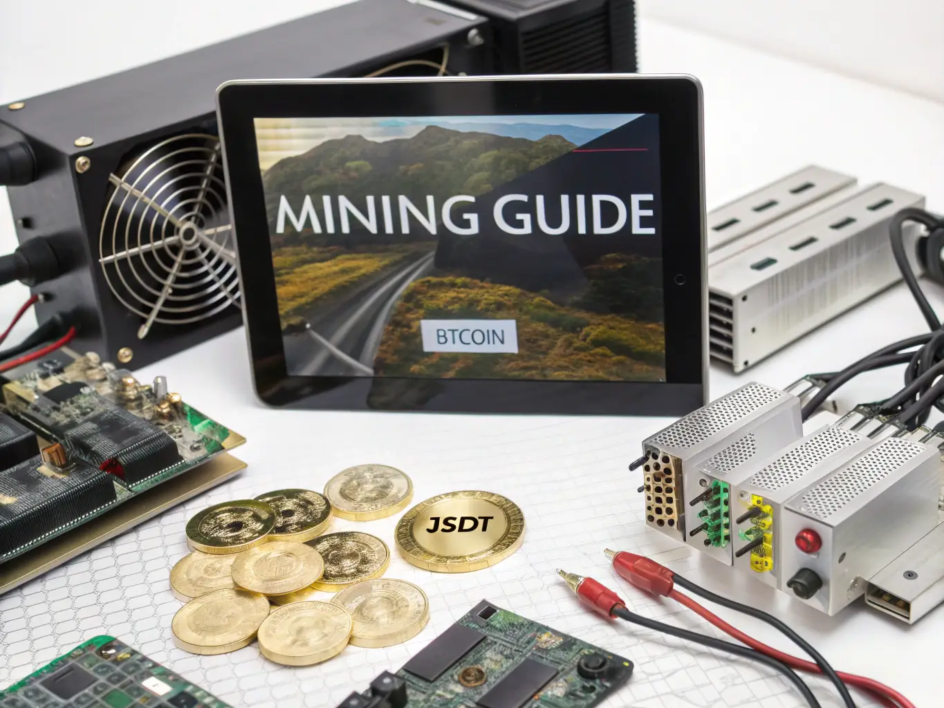 A digital rendering of a comprehensive guide titled "The Bitcoin Mining Treasury Playbook, " showcasing key topics like mining economics, hardware evaluation, and hosting vetting.