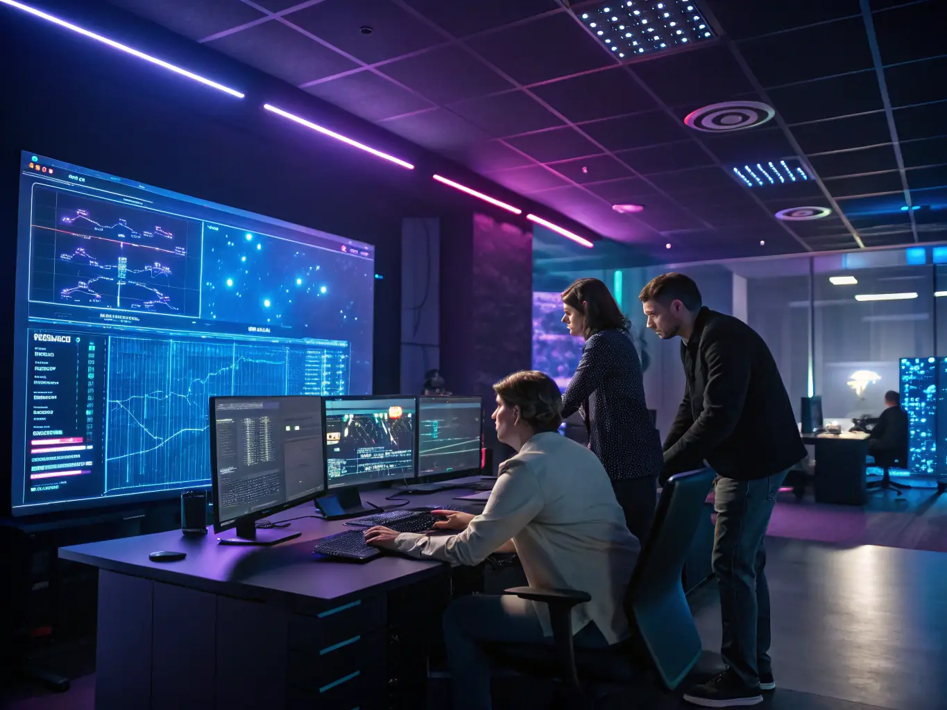 A professional businessman in a suit is on a video call, discussing Bitcoin mining strategies with a MinerOps consultant. The consultant is sharing a detailed deployment plan on the screen.