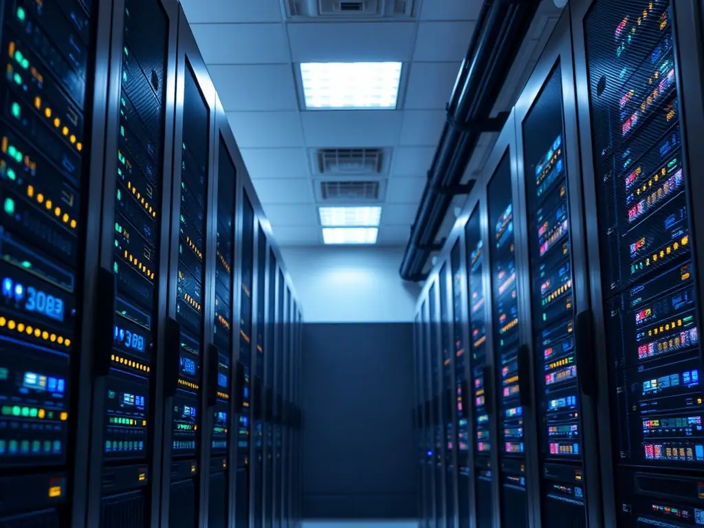 An image of a secure data center with rows of Bitcoin mining hardware, highlighting the vetted hosting partners and secure infrastructure.