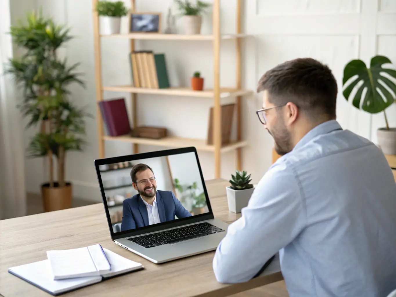 An image of a professional consultant on a video call with a client, reviewing mining hardware and plans on a screen.