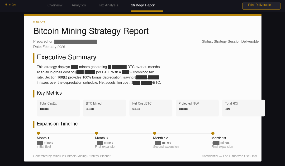 MinerOps strategy report with executive summary, key metrics, and expansion timeline