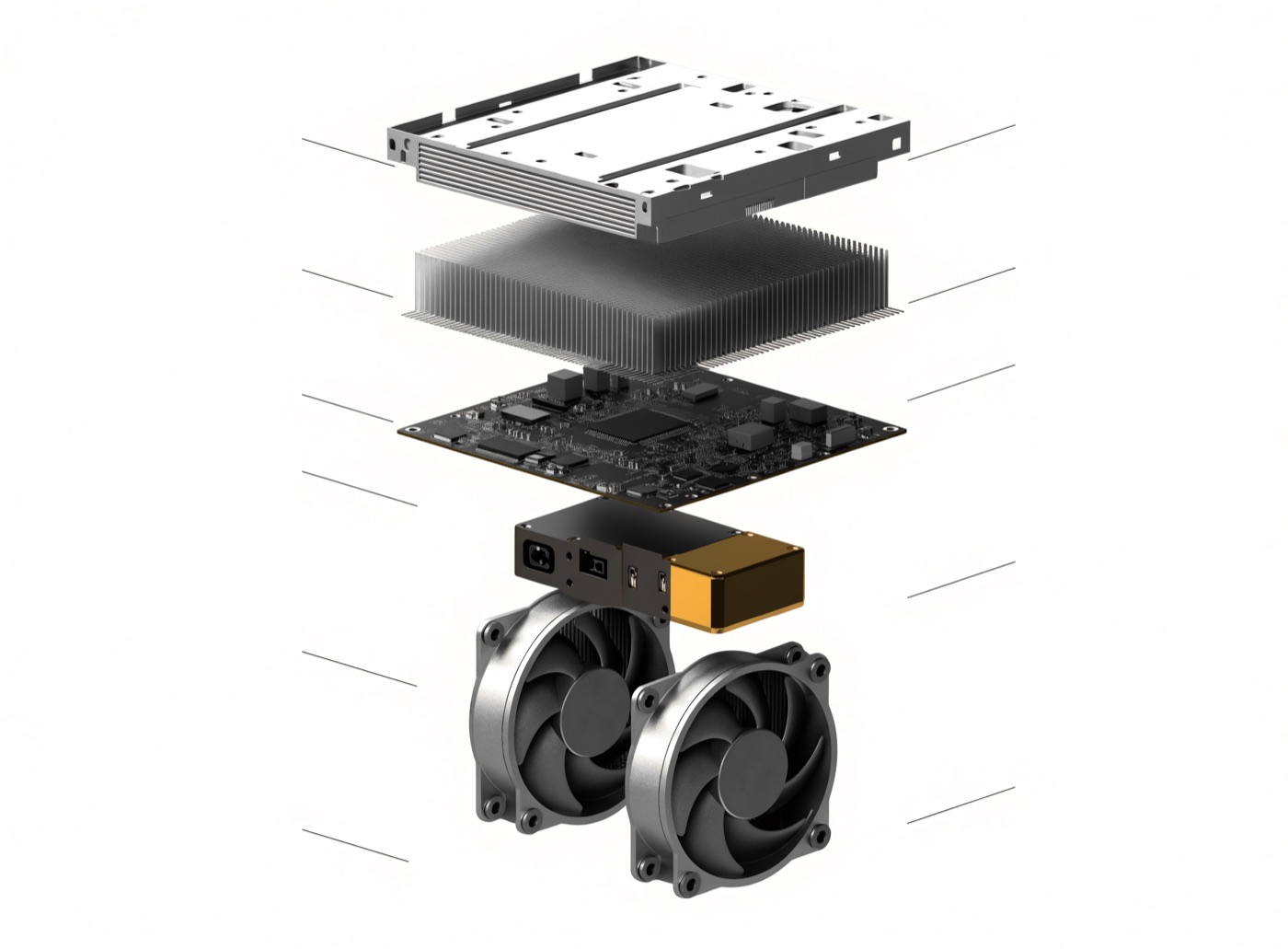 Exploded technical view of a mining unit showing the chassis lid, heatsink stack, control board, power supply and two fan assemblies separated in space.