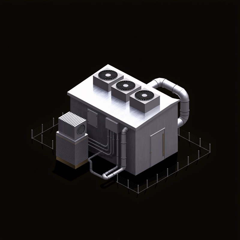 An industrial facility building with roof cooling plant and a transformer.