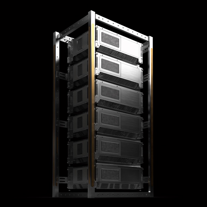 Mining units mounted in an open steel rack.