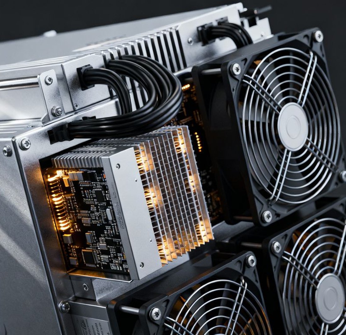 Close detail of a mining unit showing an exposed hashboard, heatsink and fan stack.