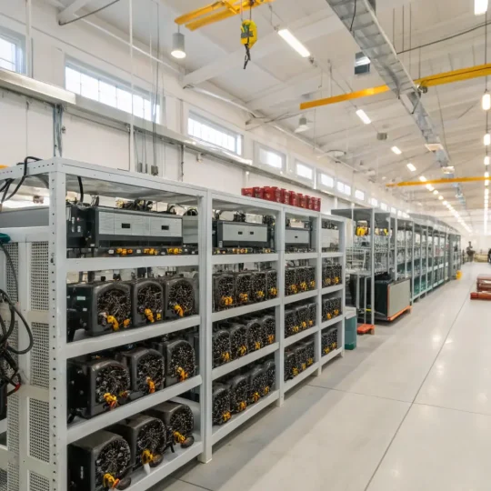 A secure Bitcoin mining facility with advanced cooling systems and monitoring equipment.